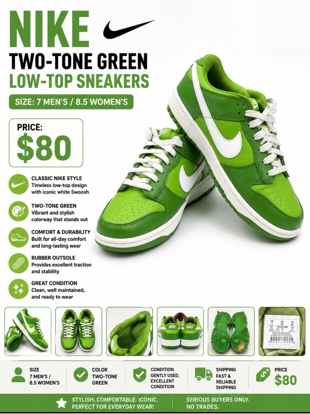 Nike Two-Tone Green Low-Top Sneakers with White Swoosh size 7 men’s or 8.5 women
